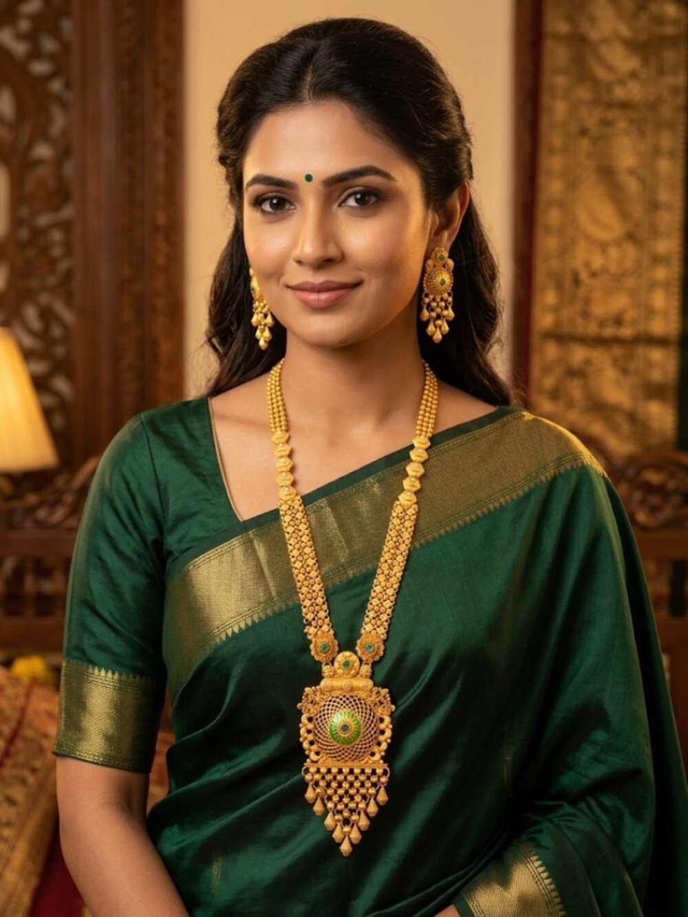 Traditional Gold Temple Jewelry Set: Long Haram Necklace and Matching Jhumka Ear